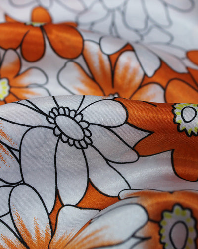 WHITE AND ORANGE FLORAL DESIGN POLYESTER SATIN PRINTED FABRIC
