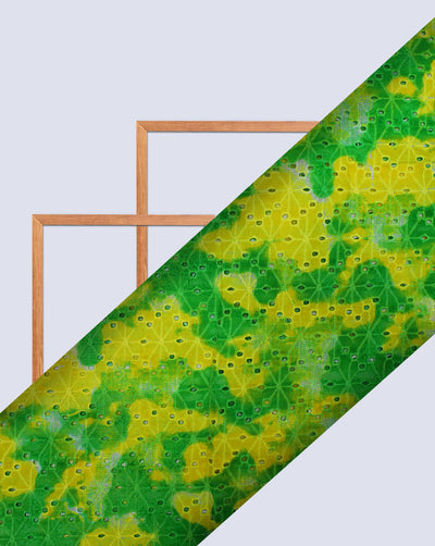 GREEN AND YELLOW COTTON PRINTED SCHIFFLI EMBROIDERY FABRIC