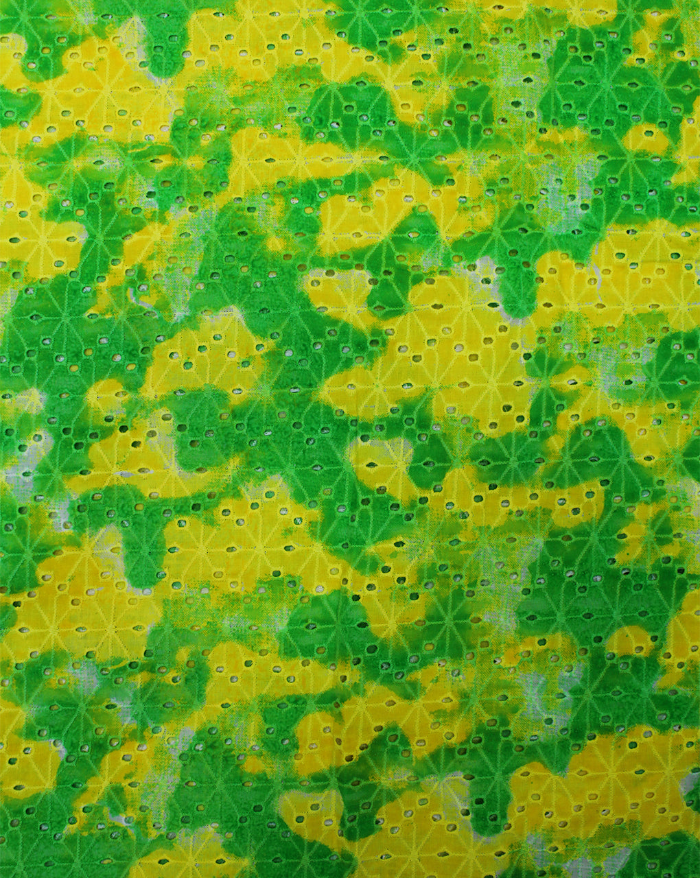 GREEN AND YELLOW COTTON PRINTED SCHIFFLI EMBROIDERY FABRIC