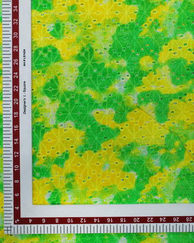 GREEN AND YELLOW COTTON PRINTED SCHIFFLI EMBROIDERY FABRIC