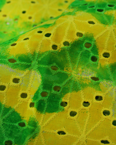GREEN AND YELLOW COTTON PRINTED SCHIFFLI EMBROIDERY FABRIC
