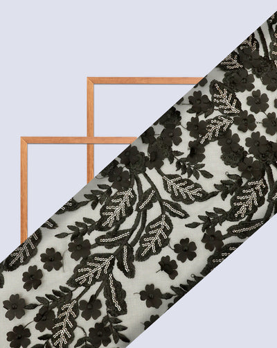 BLACK FLORAL EMBROIDERY POLYESTER NET DESIGNER FABRIC (WIDTH 46 INCHES)