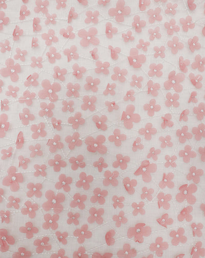 PINK FLORAL EMBROIDERY POLYESTER NET DESIGNER FABRIC (WIDTH 56 INCHES)