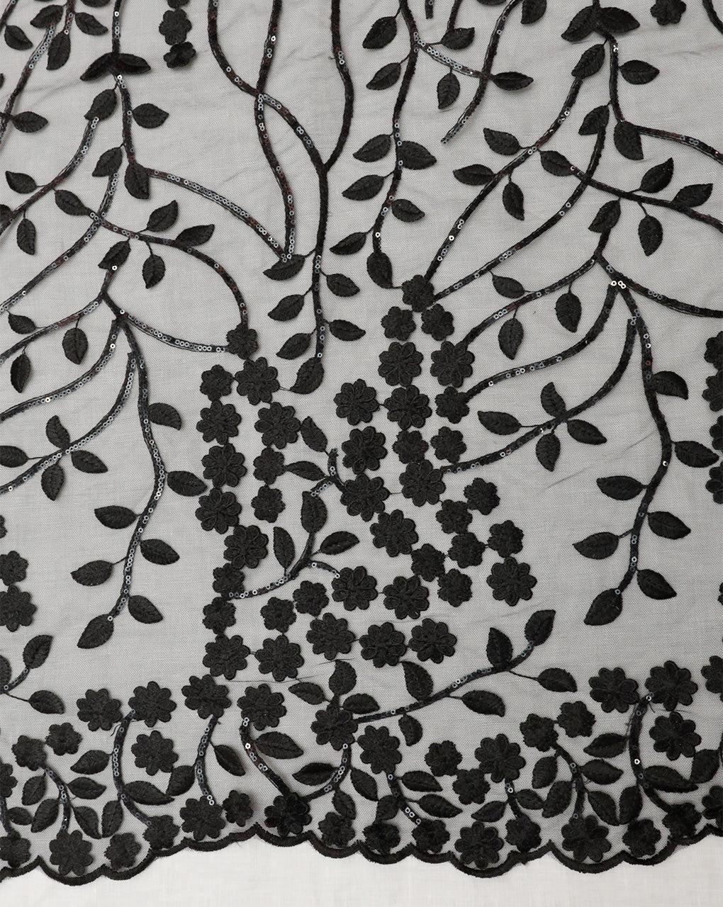 BLACK FLORAL EMBROIDERY POLYESTER NET DESIGNER FABRIC (WIDTH 58 INCHES)