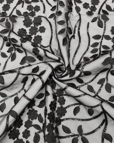 BLACK FLORAL EMBROIDERY POLYESTER NET DESIGNER FABRIC (WIDTH 58 INCHES)