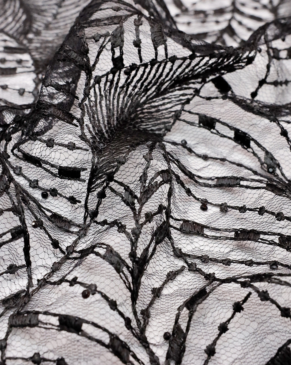 BLACK LEAF EMBROIDERY POLYESTER NET DESIGNER FABRIC