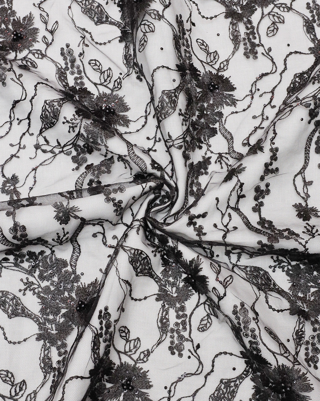 BLACK FLORAL EMBROIDERY POLYESTER NET DESIGNER FABRIC (WIDTH 56 INCHES)