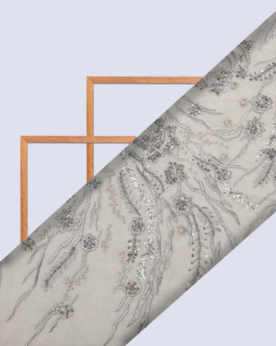 SILVER FLORAL EMBROIDERY POLYESTER NET DESIGNER FABRIC (WIDTH 56 INCHES)