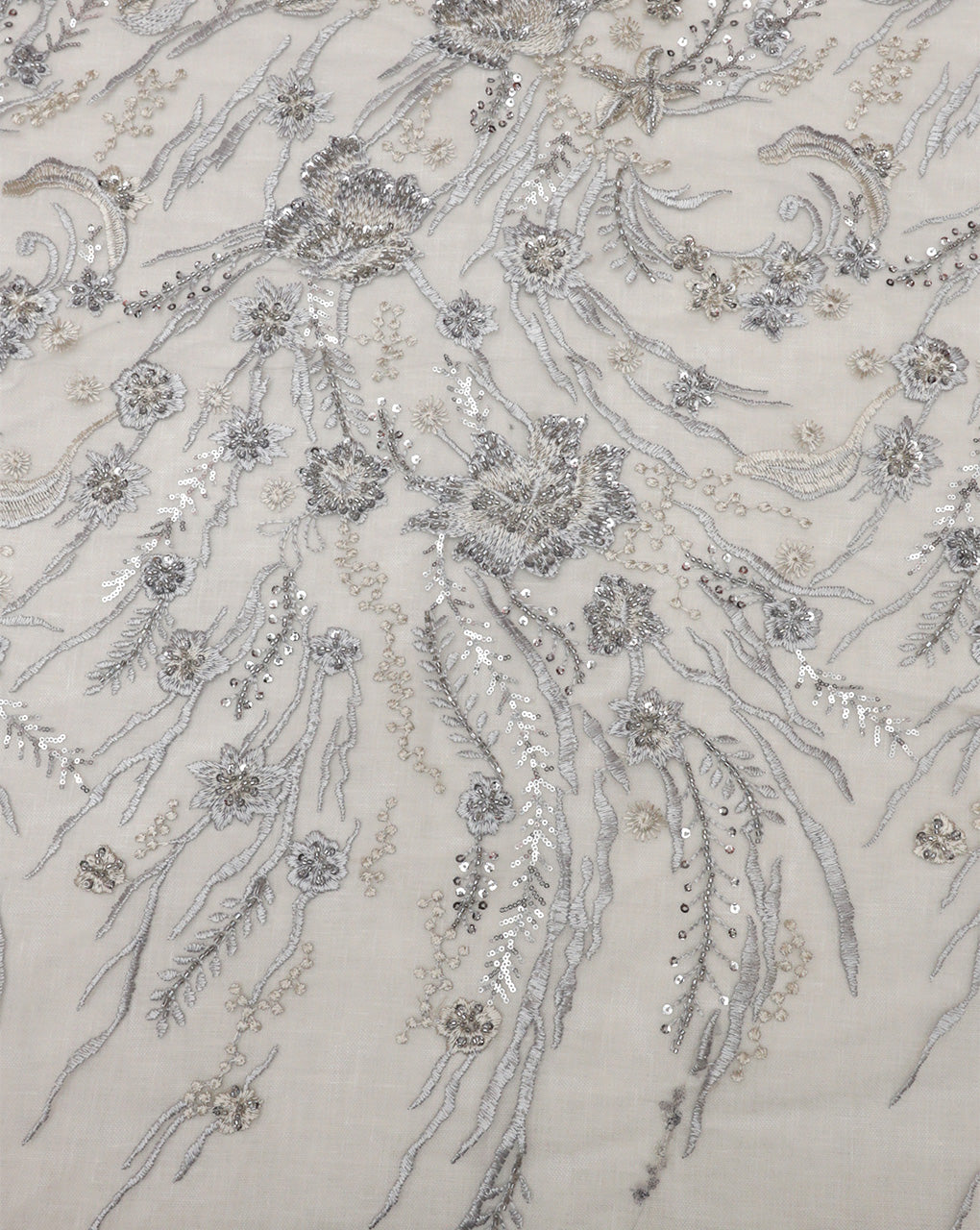 SILVER FLORAL EMBROIDERY POLYESTER NET DESIGNER FABRIC (WIDTH 56 INCHES)
