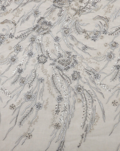 SILVER FLORAL EMBROIDERY POLYESTER NET DESIGNER FABRIC (WIDTH 56 INCHES)