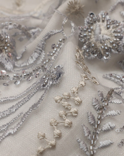 SILVER FLORAL EMBROIDERY POLYESTER NET DESIGNER FABRIC (WIDTH 56 INCHES)