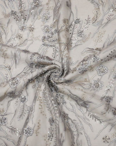 SILVER FLORAL EMBROIDERY POLYESTER NET DESIGNER FABRIC (WIDTH 56 INCHES)
