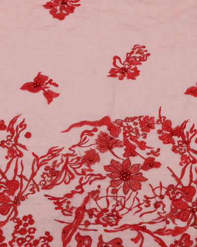 RED FLORAL EMBROIDERY POLYESTER NET DESIGNER FABRIC (WIDTH 56 INCHES)