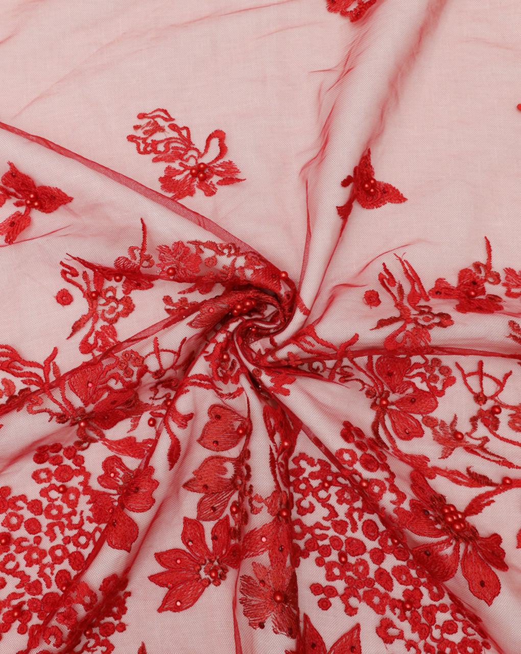 RED FLORAL EMBROIDERY POLYESTER NET DESIGNER FABRIC (WIDTH 56 INCHES)