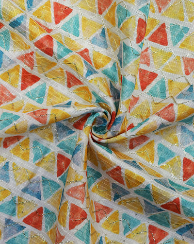 MULTICOLOR TRIANGLE DESIGN POLYESTER DUPION PRINTED FABRIC