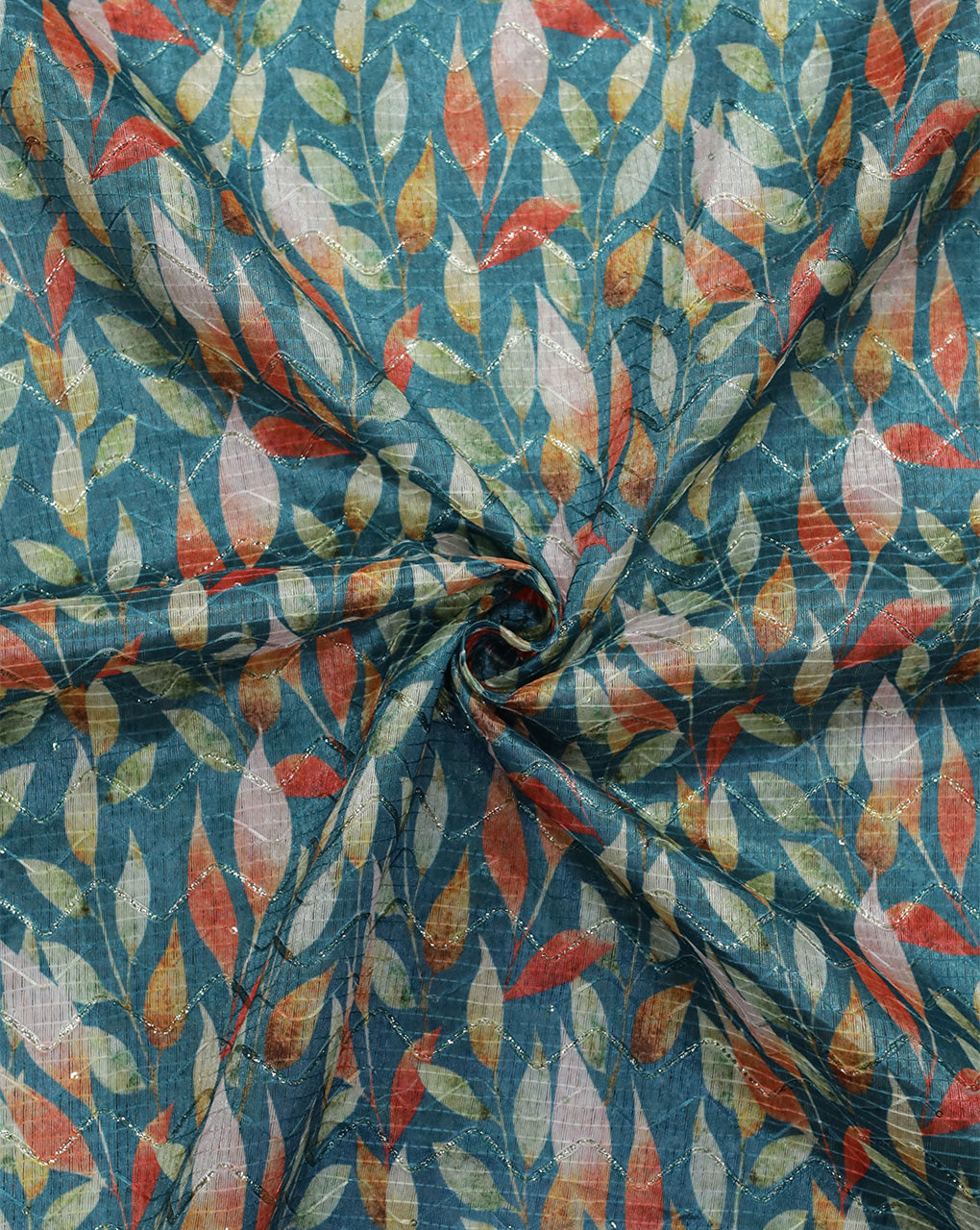 MULTICOLOR LEAFS DESIGN POLYESTER DUPION PRINTED FABRIC