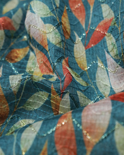 MULTICOLOR LEAFS DESIGN POLYESTER DUPION PRINTED FABRIC