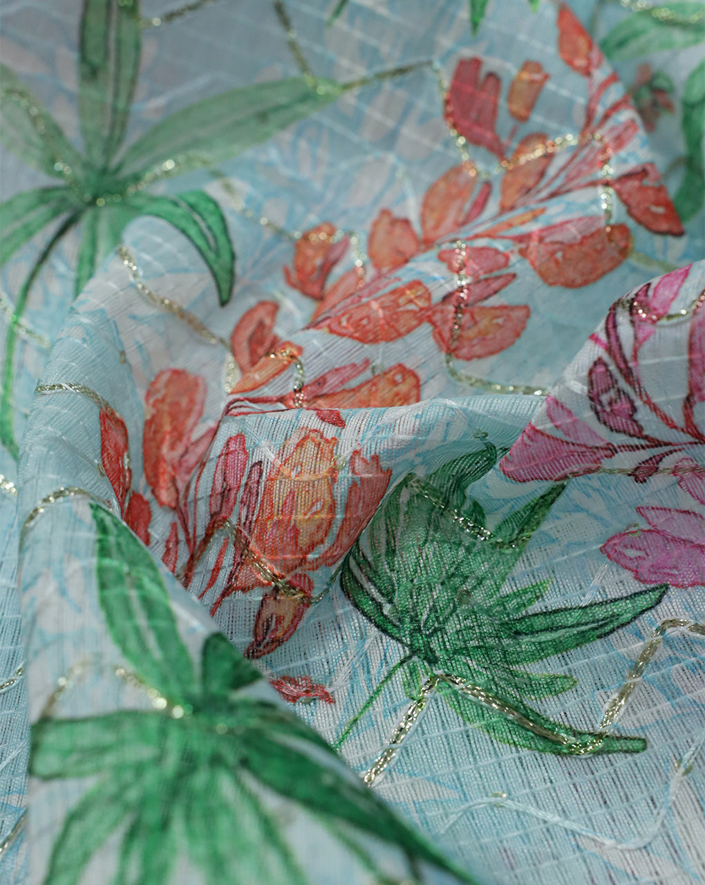 MULTICOLOR LEAFS DESIGN POLYESTER DUPION PRINTED FABRIC