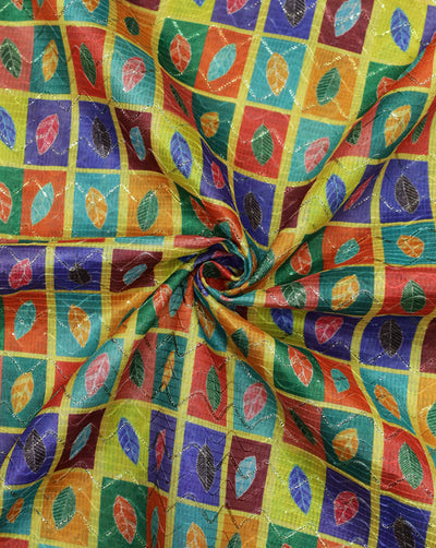 MULTICOLOR LEAFS DESIGN POLYESTER DUPION PRINTED FABRIC