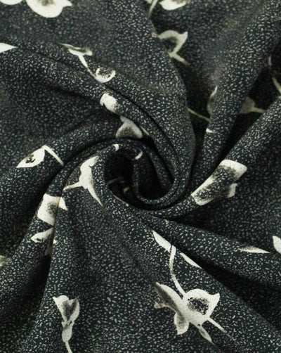 Black And Cream Floral Print Polyester Crepe Fabric