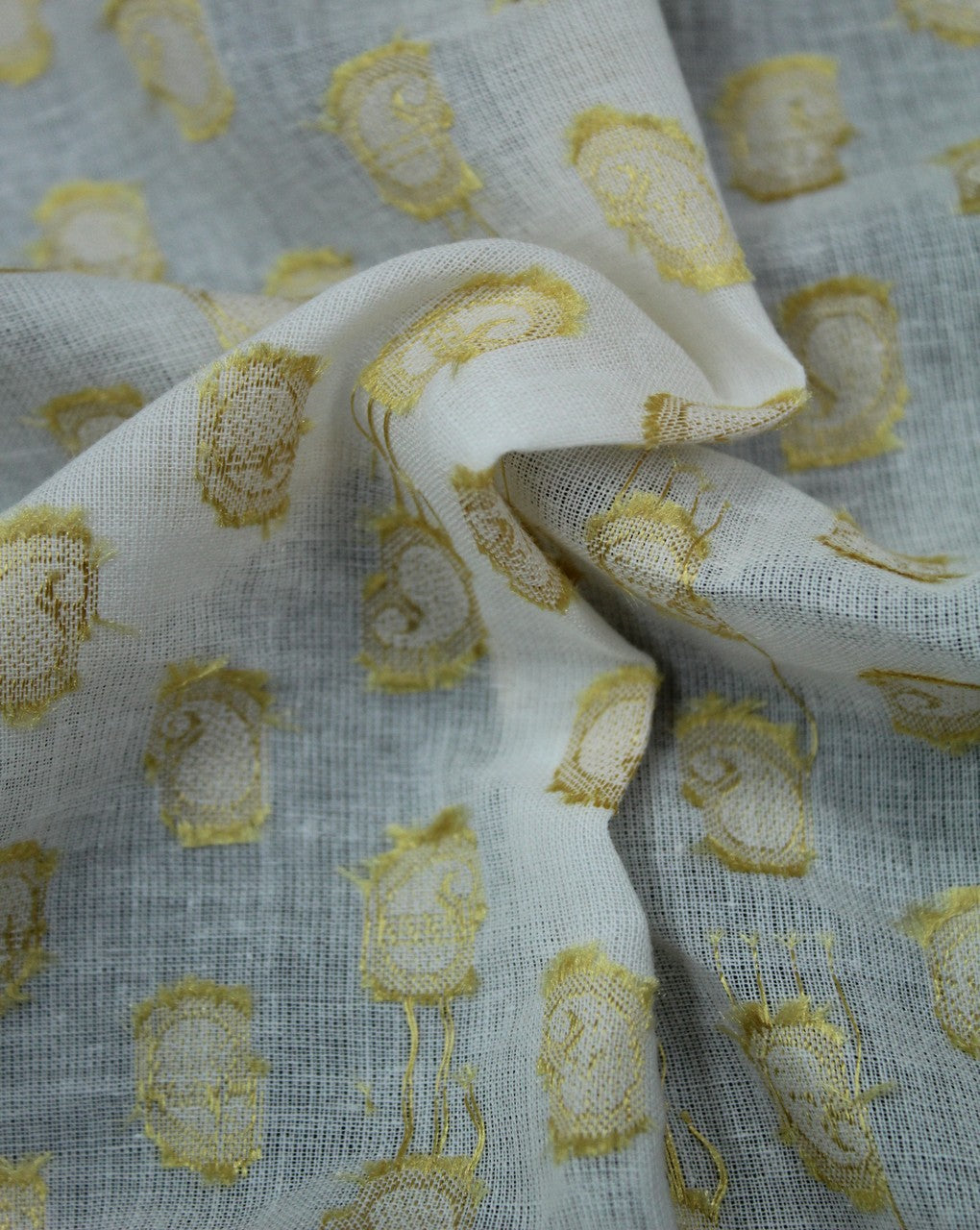 White Golden Paisley Design Cotton Dobby Fabric