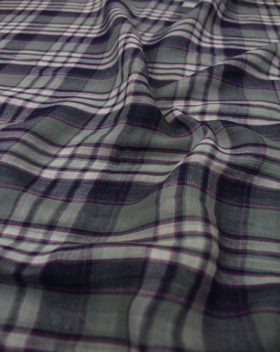 Gray And Green Checks Yarn Dyed Cotton Fabric