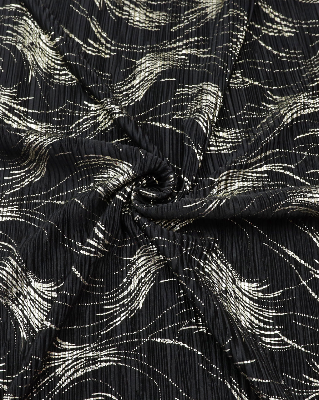 Black & Golden Polyester Satin Pleated Foil Print Fabric 