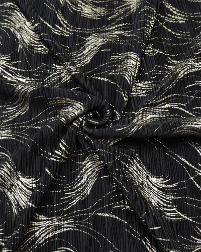 Black & Golden Polyester Satin Pleated Foil Print Fabric 