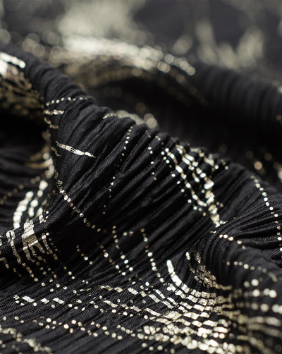 Black & Golden Polyester Satin Pleated Foil Print Fabric 