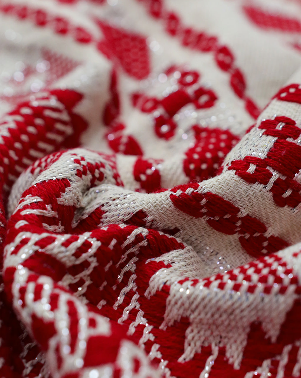 RED & WHITE COTTON ACRYLIC JACQUARD FABRIC WITH LUREX