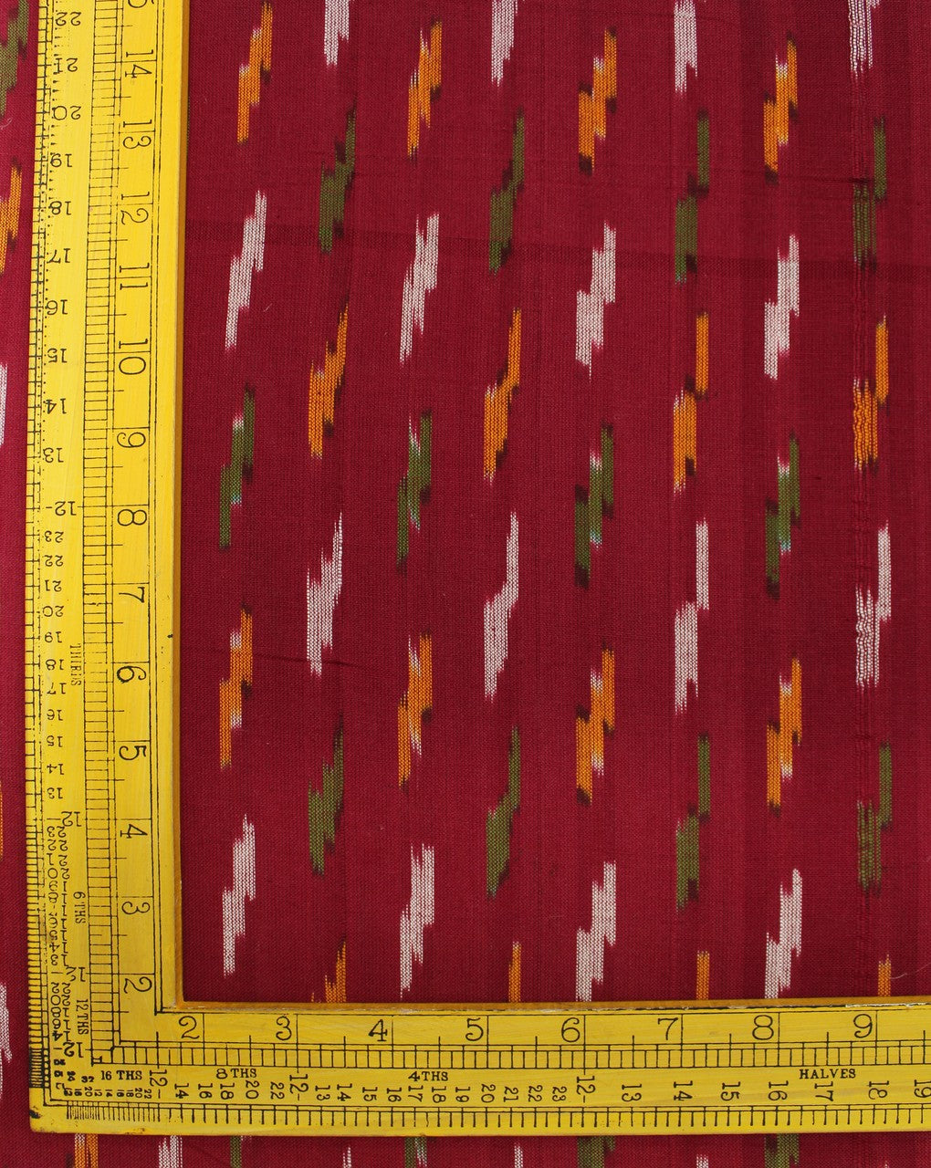 Maroon And White Abstract Cotton Ikat Fabric