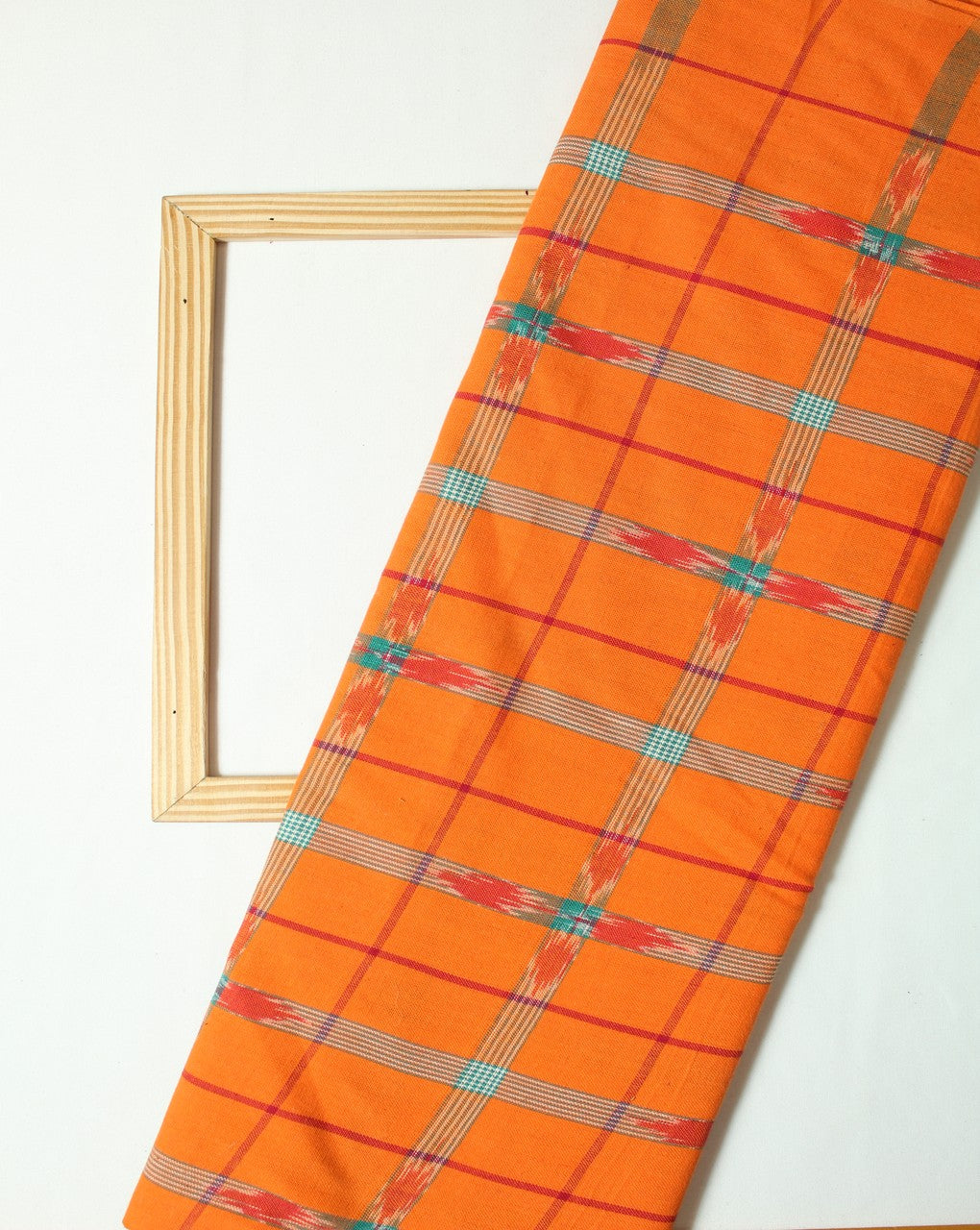 Orange And Multicolor Check Cotton Ikat Fabric