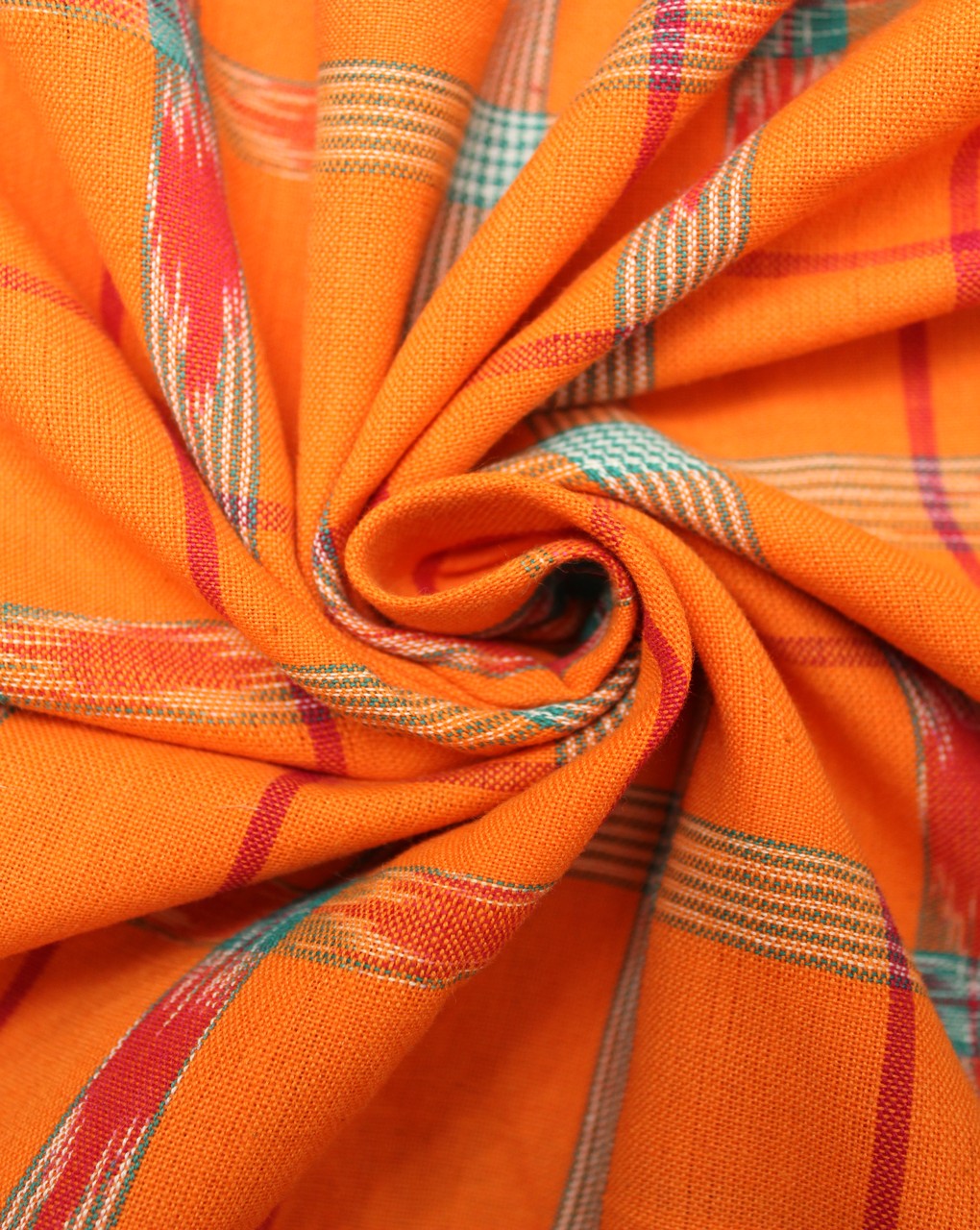 Orange And Multicolor Check Cotton Ikat Fabric