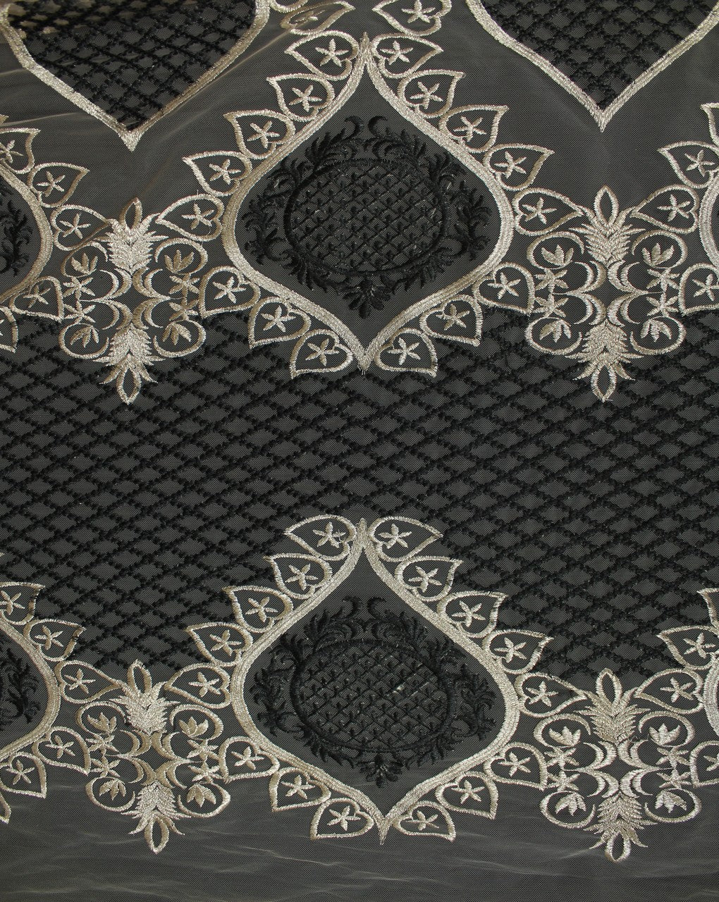 Black And Gold Abstract Design Polyester Net Embroidered Fabric