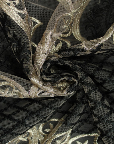 Black And Gold Abstract Design Polyester Net Embroidered Fabric