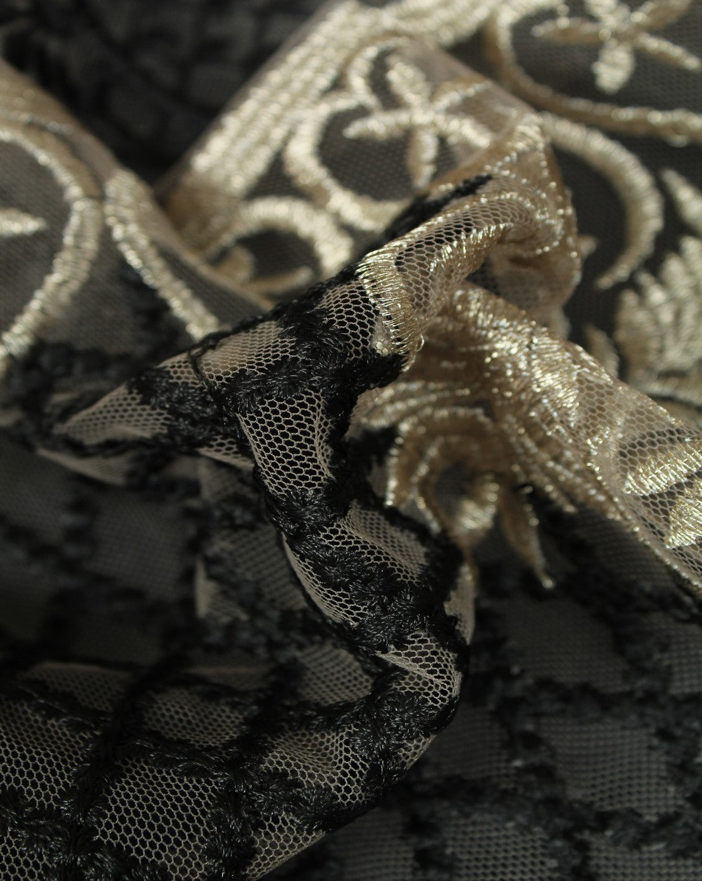 Black And Gold Abstract Design Polyester Net Embroidered Fabric