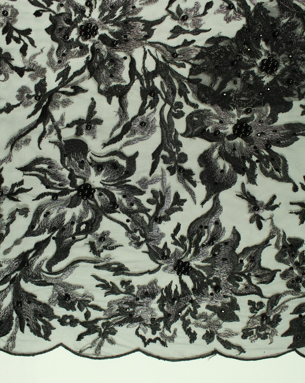 Black And Silver Floral Design Polyester Net Embroidered Fabric