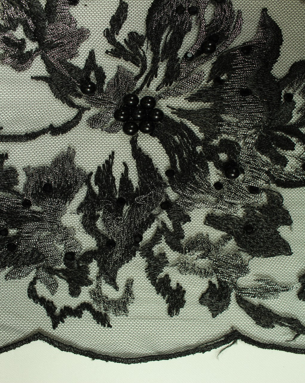 Black And Silver Floral Design Polyester Net Embroidered Fabric