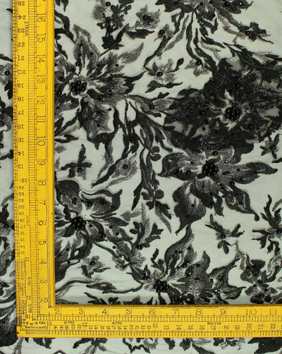 Black And Silver Floral Design Polyester Net Embroidered Fabric