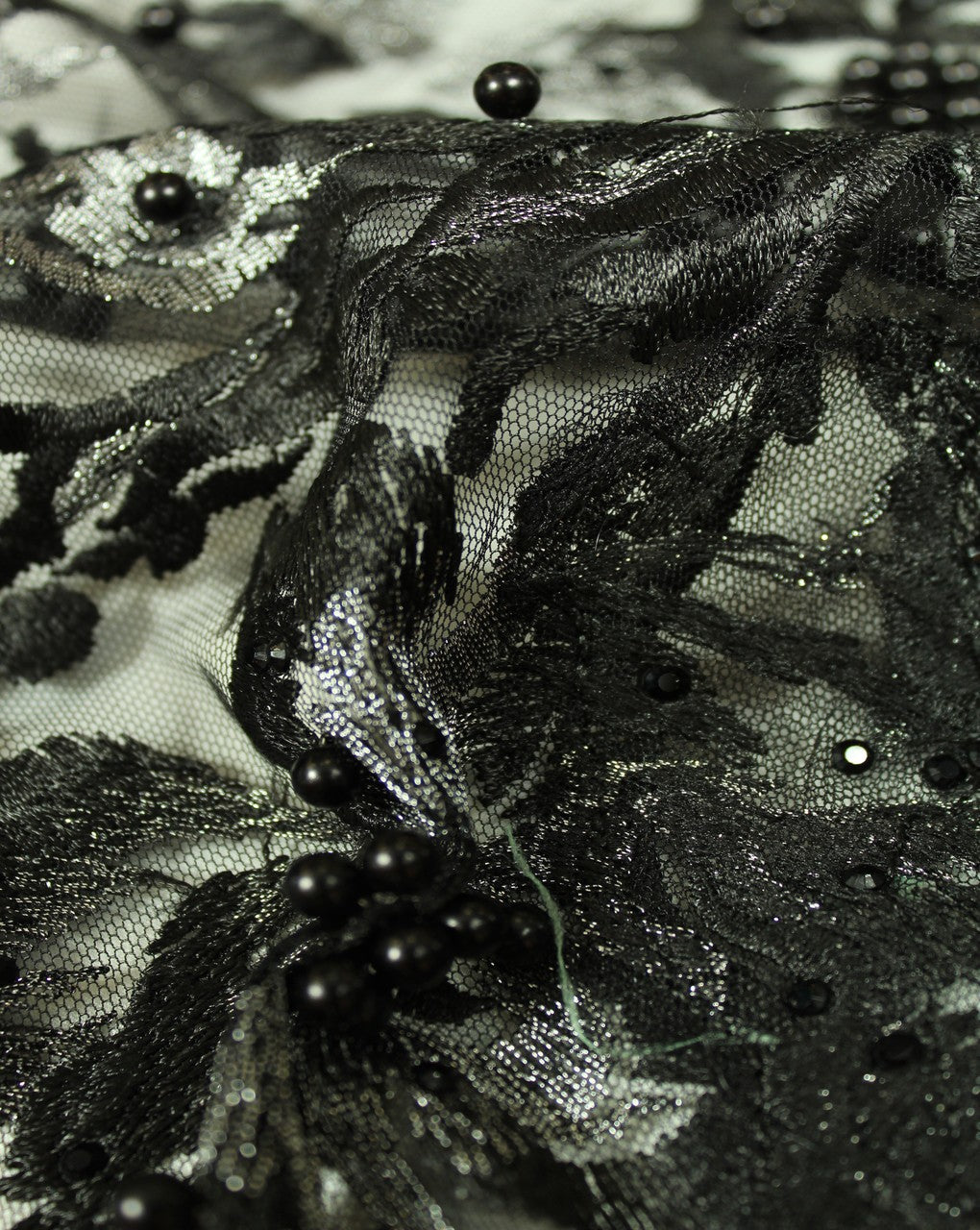 Black And Silver Floral Design Polyester Net Embroidered Fabric