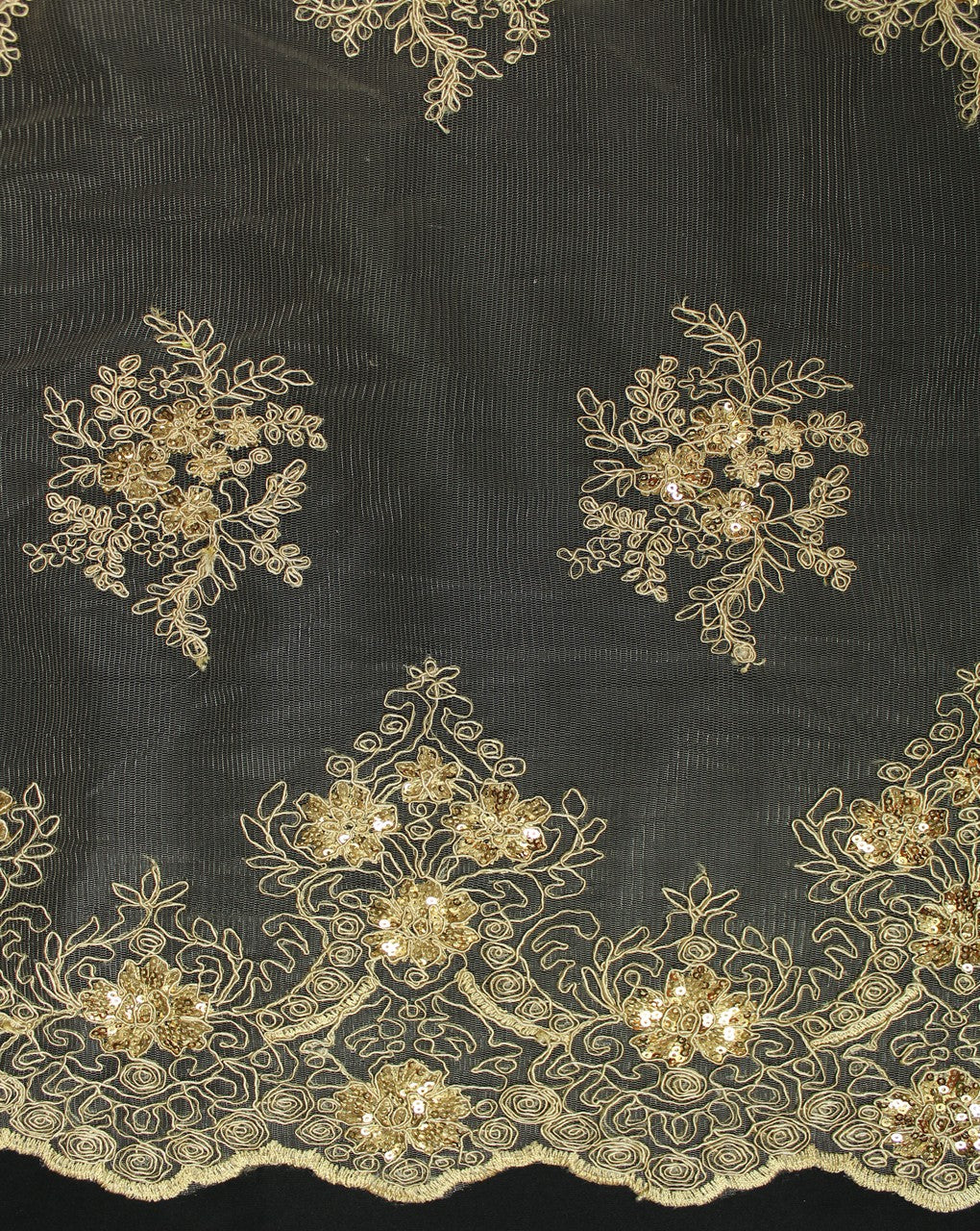 Cream And Gold Floral Design Polyester Net Embroidered Fabric