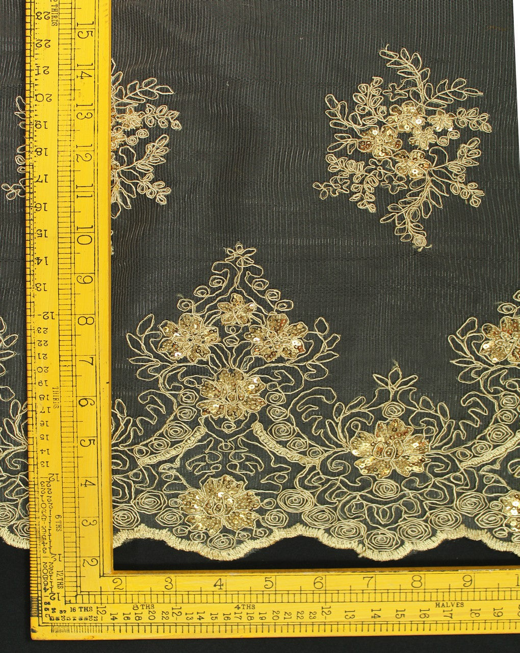 Cream And Gold Floral Design Polyester Net Embroidered Fabric