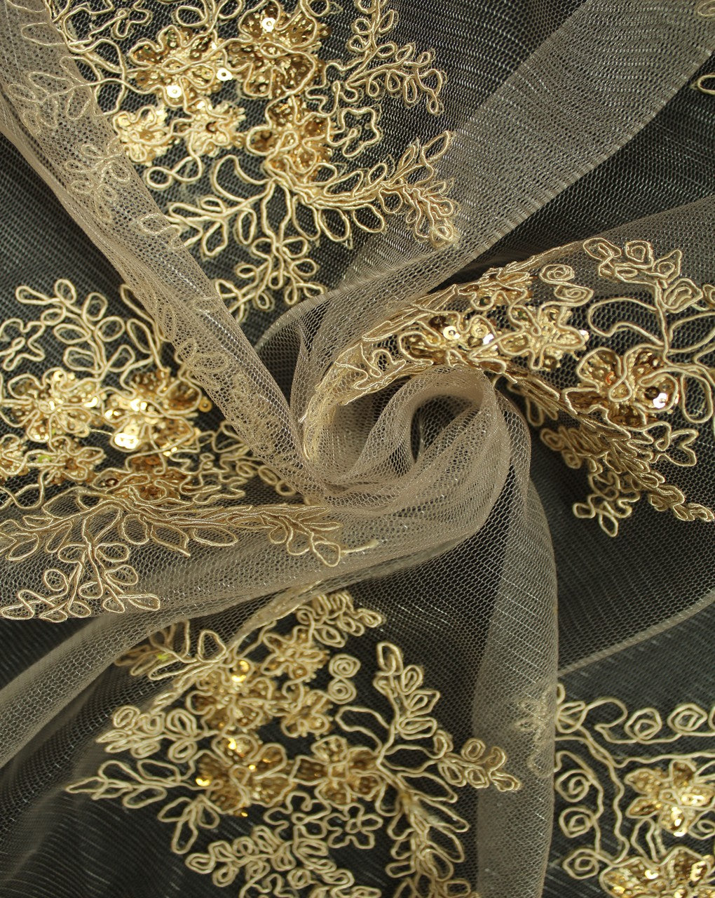 Cream And Gold Floral Design Polyester Net Embroidered Fabric
