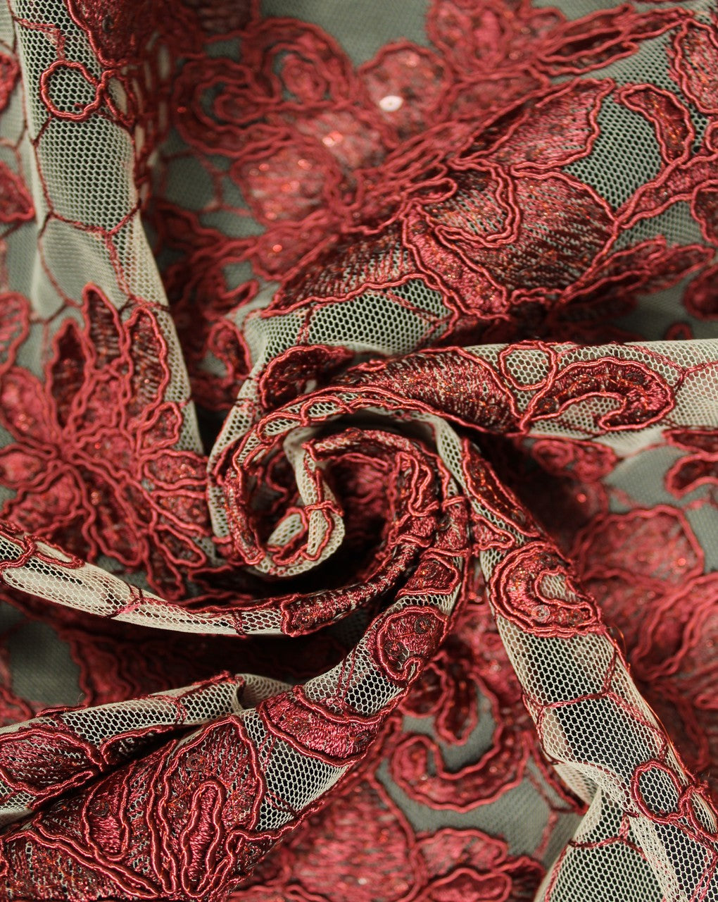 Grey And Maroon Floral Design Polyester Net Embroidered Fabric