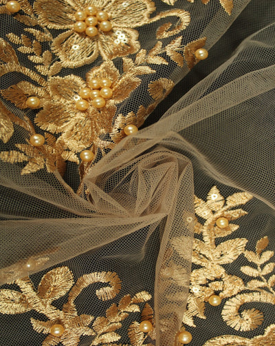 Cream And Gold Floral Design Polyester Net Embroidered Fabric