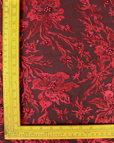 Maroon And Maroon Floral Design Polyester Net Embroidered Fabric