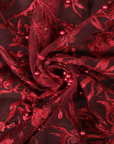 Maroon And Maroon Floral Design Polyester Net Embroidered Fabric
