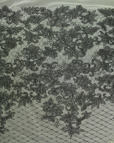 Grey And Black Floral Design Polyester Net Embroidered Fabric