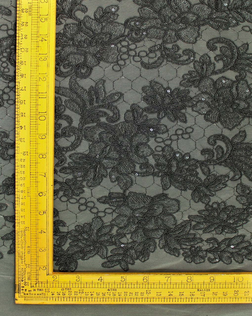 Grey And Black Floral Design Polyester Net Embroidered Fabric