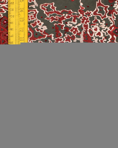 Grey And Maroon Abstract Design Polyester Net Embroidered Fabric